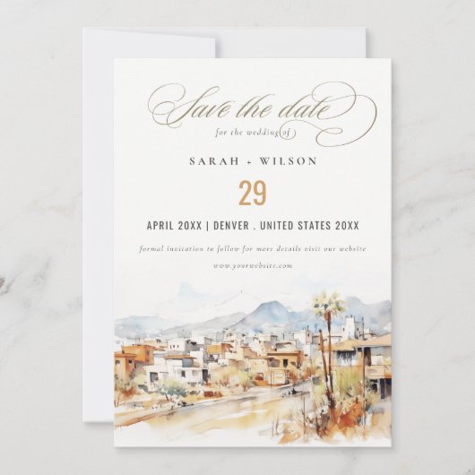 Tucson, Arizona Watercolor Landscape Wedding セーブザデート (正面)