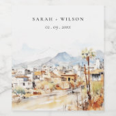 Tucson, Arizona Watercolor Landscape Wedding ワインラベル (シングルラベル)