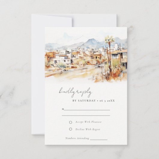 Tucson Arizona Watercolor Landscape Wedding 出欠カード (正面)