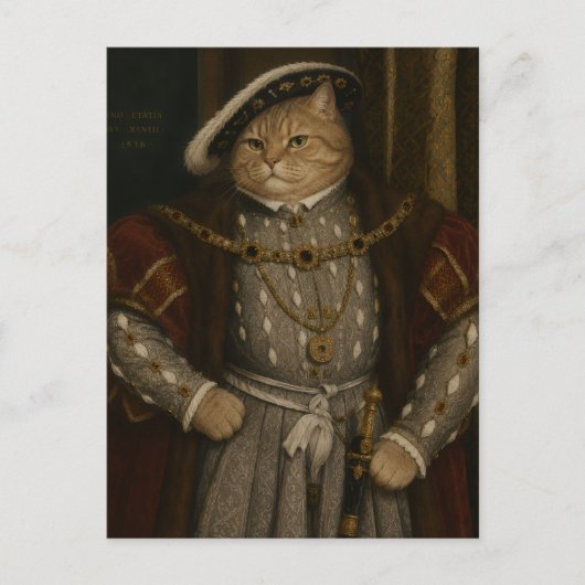 Tudor Cat King Portrait – ヘンリー8世の猫のルネサンス風肖像 ポストカード (正面)