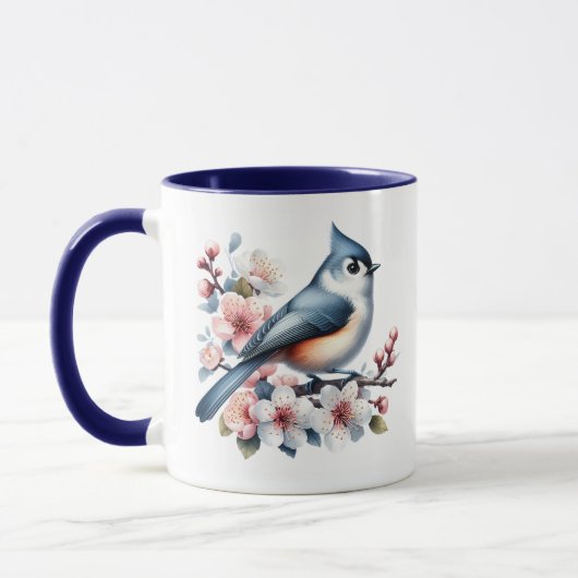 Tufted Titmouse Bird Mug Floral Gift マグカップ (左)