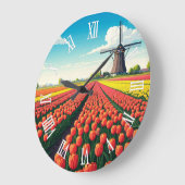 Tulip Fields Windmill Holland Netherlands ラージ壁時計 (傾斜)