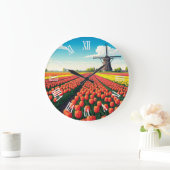 Tulip Fields Windmill Holland Netherlands ラージ壁時計 (ホーム)