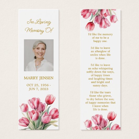 Tulip Floral Photo Funeral Memorial Bookmark (正面&裏面)