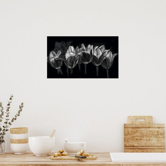 Tulip Garden Black White Scratchboard Art ポスター (キッチン)