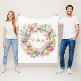 Tulips Eucalyptus Wreath, Shalom Watercolor Gold フリースブランケット