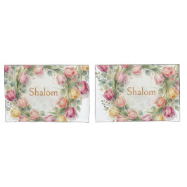 Tulips Eucalyptus Wreath, Shalom Watercolor Gold 枕カバー