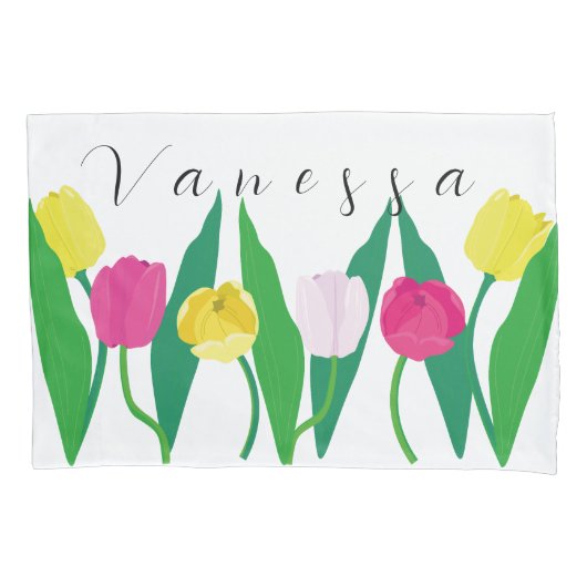 Tulips Pink Yellow Purple Green Modern Customize. 枕カバー (正面)