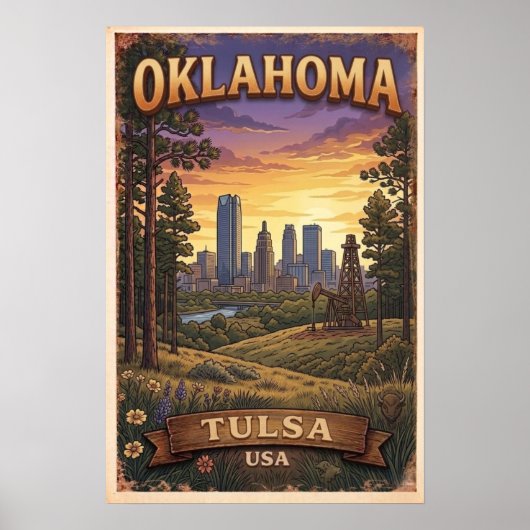 Tulsa Skyline Sunset Illustration ポスター (正面)
