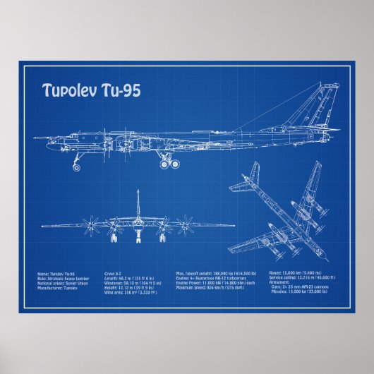 Tupolev Tu-95 – 飛行機の設計図の計画AD ポスター (正面)