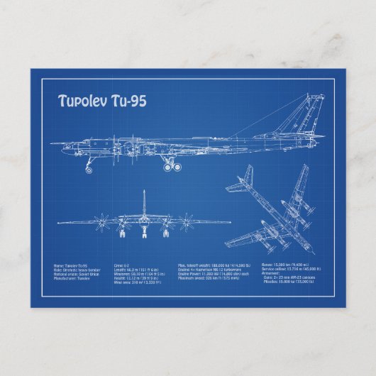 Tupolev Tu-95 – 飛行機の設計図の計画AD ポストカード (正面)