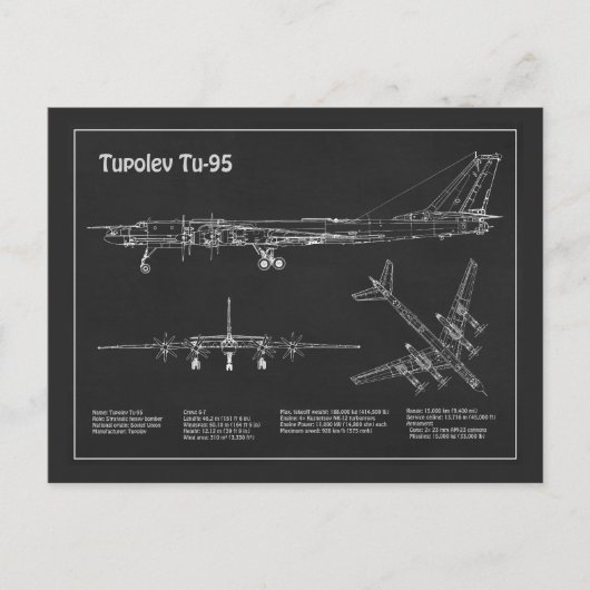 Tupolev Tu-95 – 飛行機の設計図の計画PD ポストカード (正面)