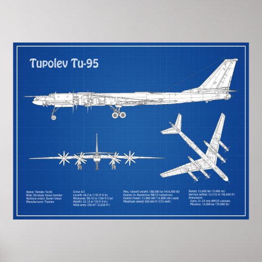 Tupolev Tu-95 – 飛行機の設計図プランABD ポスター (正面)