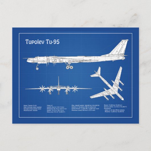 Tupolev Tu-95 – 飛行機の設計図プランABD ポストカード (正面)