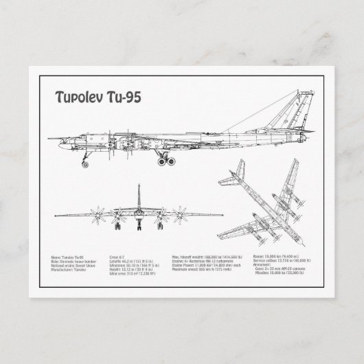 Tupolev Tu-95 – 飛行機の設計図プランBD ポストカード (正面)