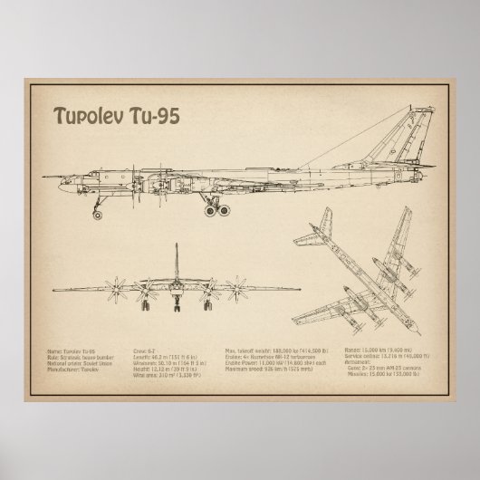 Tupolev Tu-95 – 飛行機の設計図プランSD ポスター (正面)