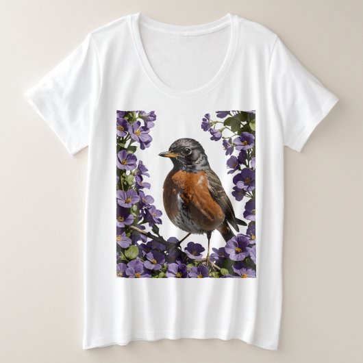 Turdus migratorius とウィスコンシン州のスミレ Viola プラスサイズTシャツ (デザイン正面)
