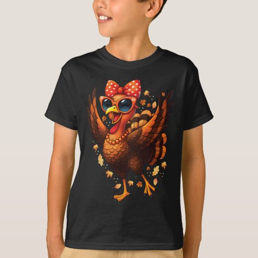 Turkey Dancing Turkey Day Womens Fall Cute Bow Tha Tシャツ (正面)