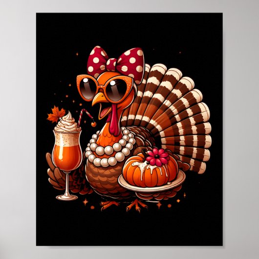 Turkey Drinking Coffee Bow Thanksgiving Womens Tur ポスター (正面)