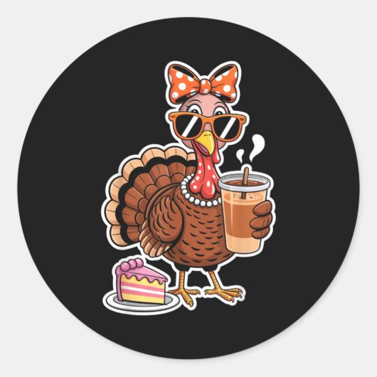 Turkey Drinking Coffee Bow Thanksgiving Womens Tur ラウンドシール (正面)