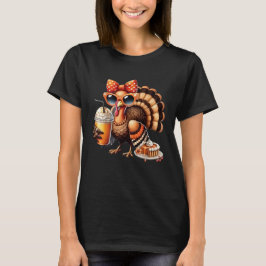 Turkey Drinking Coffee Bow Thanksgiving Womens Tur Tシャツ