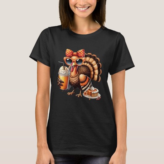 Turkey Drinking Coffee Bow Thanksgiving Womens Tur Tシャツ (正面)