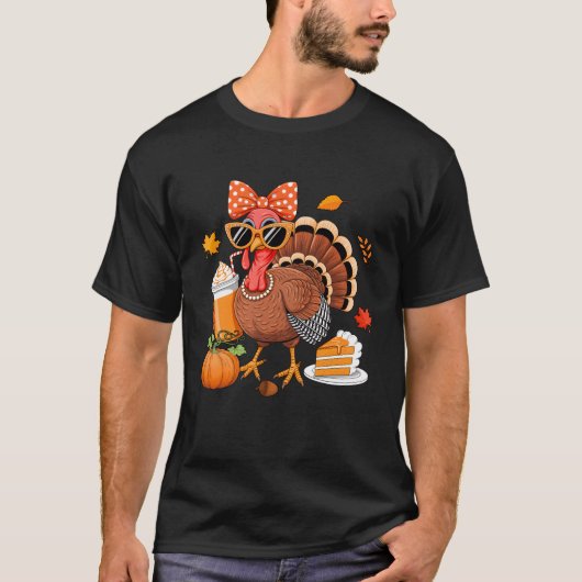 Turkey Drinking Coffee Bow Thanksgiving Womens Tur Tシャツ (正面)