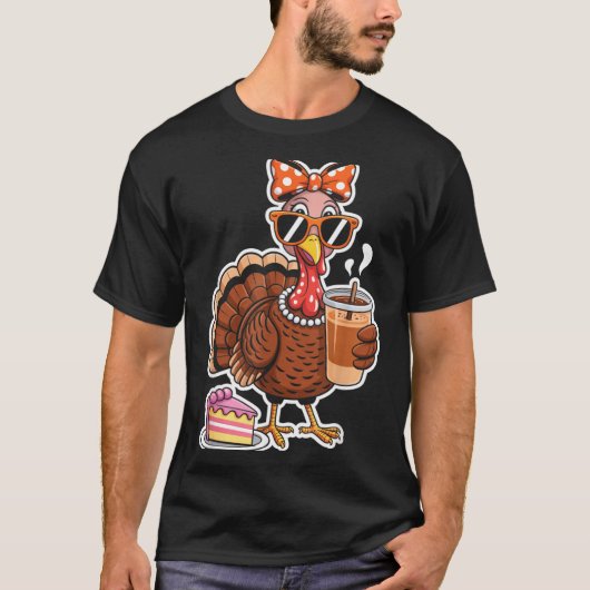 Turkey Drinking Coffee Bow Thanksgiving Womens Tur Tシャツ (正面)