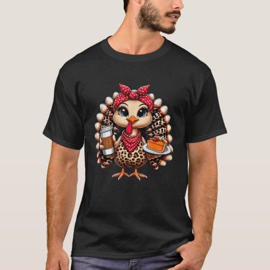 Turkey Drinking Ice Coffee Bow Thanksgiving Women  Tシャツ (正面)