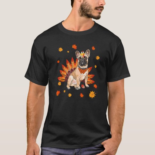 Turkey French Bulldog Frenchie Dog Maple Leaf Than Tシャツ (正面)