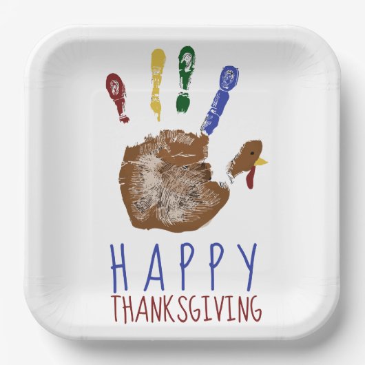 Turkey Handprint Kid Happy Thanksgiving Cute  ペーパープレート (正面)