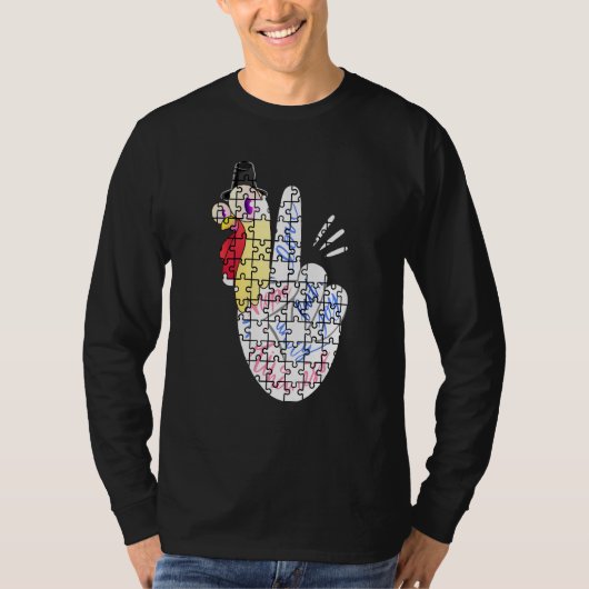 Turkey Peace Hand Sign Puzzle Autism Thanksgiving Tシャツ (正面)