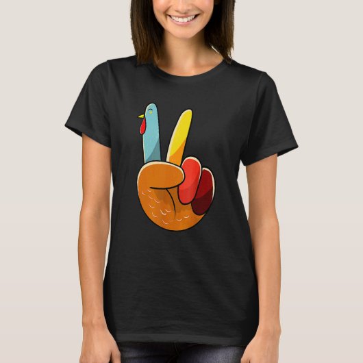Turkey Peace Hand Sign Thanksgiving Thankful Women Tシャツ (正面)