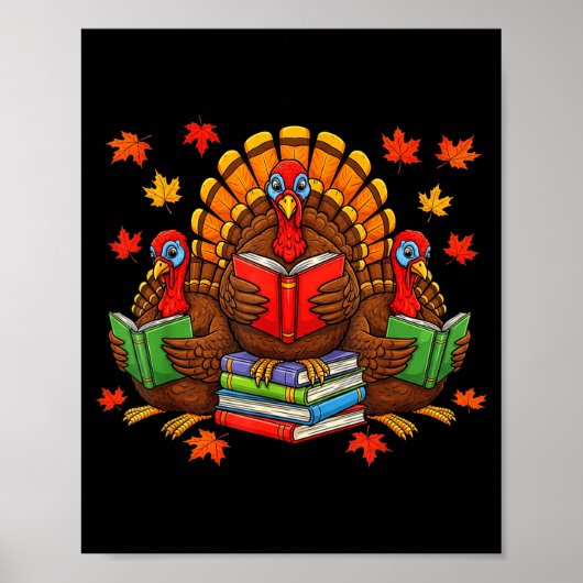 Turkey Reading Books Teacher Fall Thanksgiving Boo ポスター (正面)