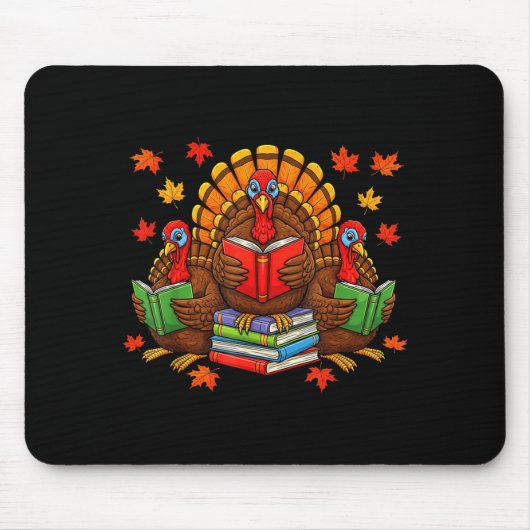 Turkey Reading Books Teacher Fall Thanksgiving Boo マウスパッド (正面)