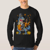 Turkey Riding Dinosaur rex Thanksgiving  Pilgrim B Tシャツ (正面)