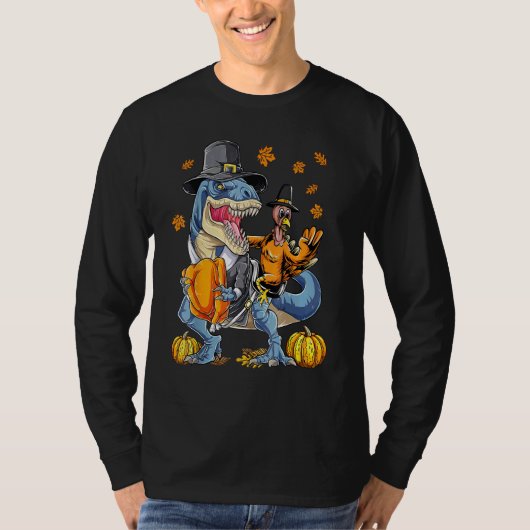 Turkey Riding Dinosaur rex Thanksgiving  Pilgrim B Tシャツ (正面)