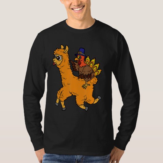 Turkey Riding Llama Thanksgiving Day Animal Fall A Tシャツ (正面)