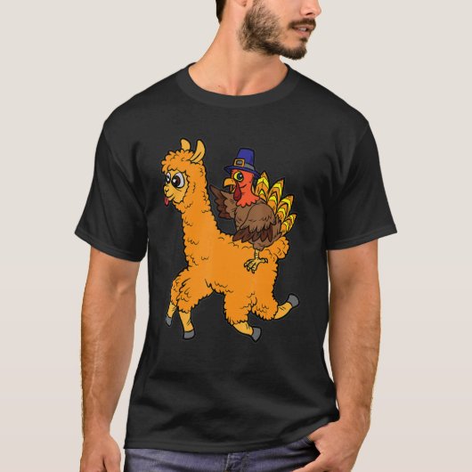 Turkey Riding Llama Thanksgiving Day Animal Fall A Tシャツ (正面)