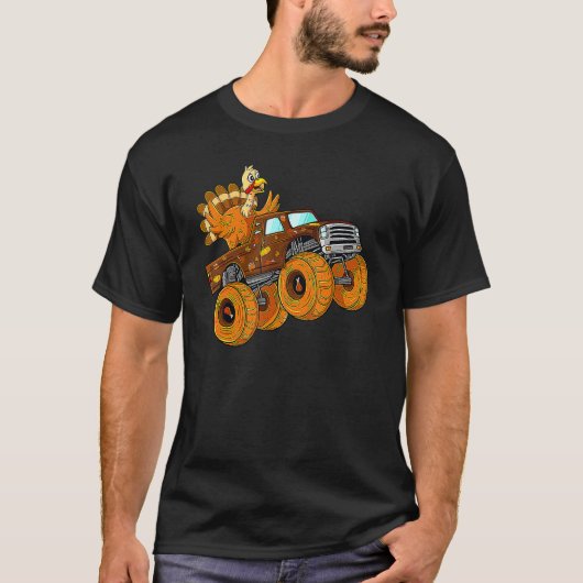 Turkey Riding Monster Truck Thanksgiving Day Boys  Tシャツ (正面)