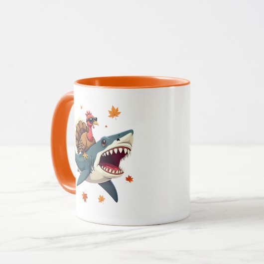 Turkey Riding Shark Funny Thanksgiving  マグカップ (正面左)