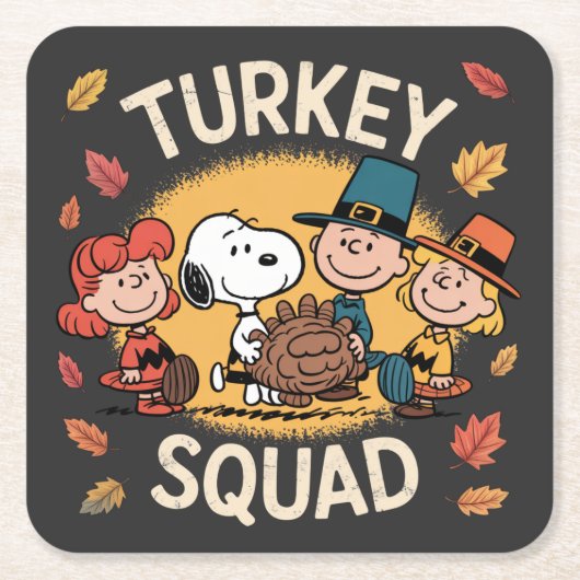 Turkey Squad Funny Cartoon Friends Thanksgiving スクエアペーパーコースター (正面)