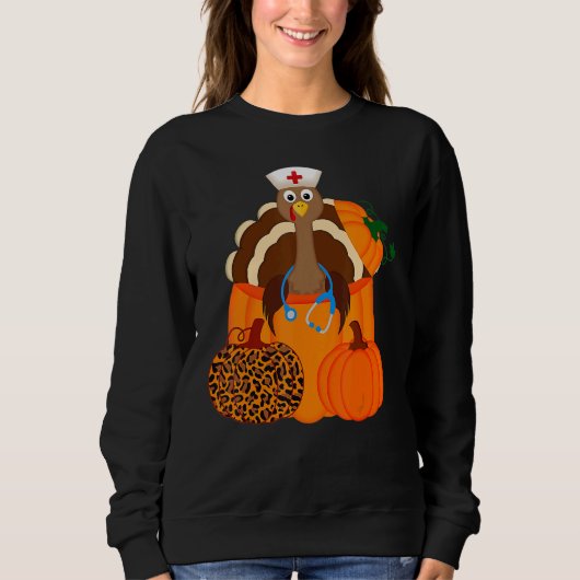 Turkey Stethoscope Nurse Pumpkin Leopard Print Tha スウェットシャツ (正面)