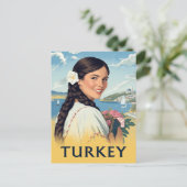 Turkey Travel Poster Smiling Woman and Coastal ポストカード (スタンド正面)