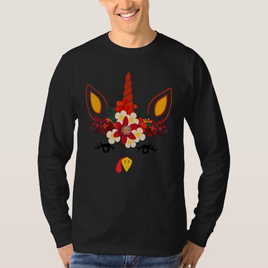 Turkey Unicorn Face Flower Thanksgiving Pilgrim Gi Tシャツ (正面)