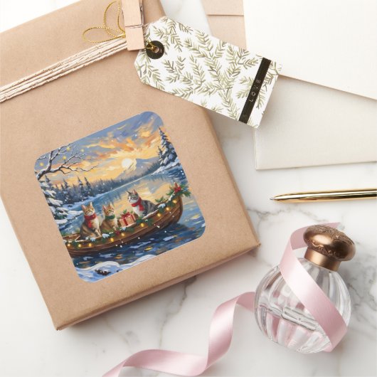Turkish Angora Cat Christmas Boat Holiday スクエアシール (ギフト)