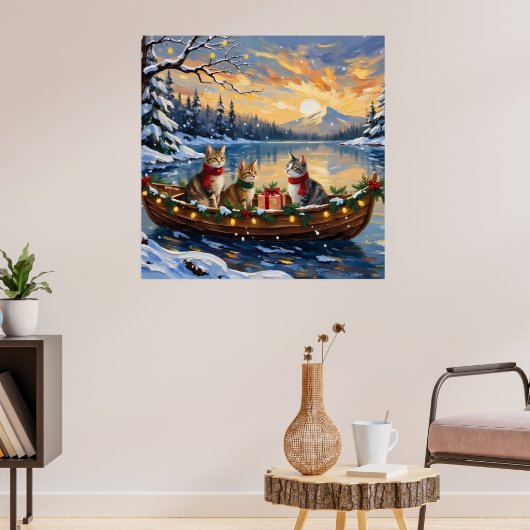 Turkish Angora Cat Christmas Boat Holiday ポスター (リビング3)