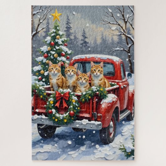 Turkish Angora Cat Christmas Red Truck Holiday ジグソーパズル (縦)