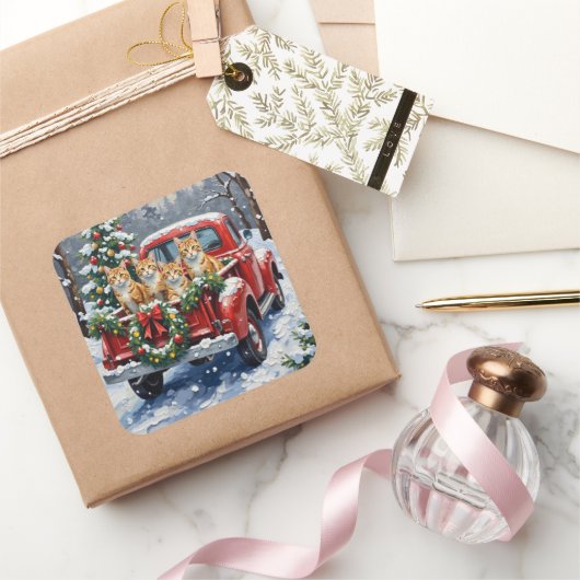 Turkish Angora Cat Christmas Red Truck Holiday スクエアシール (ギフト)
