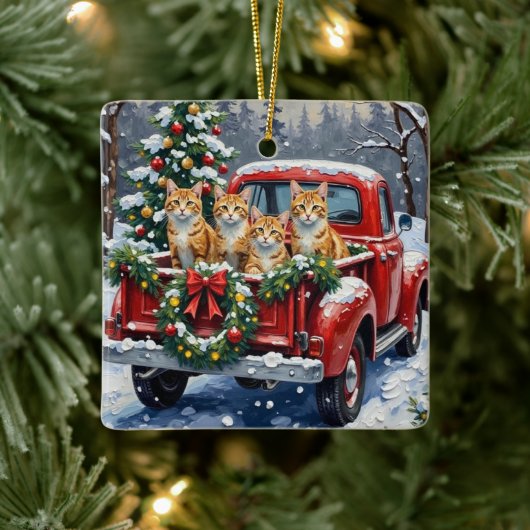 Turkish Angora Cat Christmas Red Truck Holiday セラミックオーナメント (ツリー)